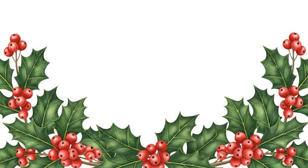 Christmas holly and red berries border decoration isolated on transparent background