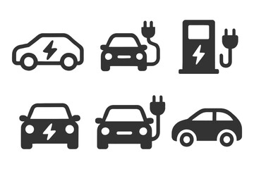 Naklejka premium Electric vehicle icon set: charging cars and stations.