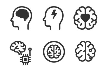 Brain icon set representing intelligence, technology, emotion, and thinking concepts.
