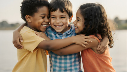 Friendship Embrace: Three young friends share a warm embrace, radiating happiness and representing the bonds of friendship. A heartwarming moment of connection and mutual affection.