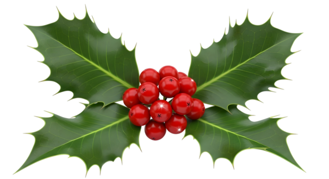 A cluster of bright red holly berries nestled amongst vibrant green holly leaves, isolated on a clean transparent background, symbolizing the festive spirit of christmas and winter holidays