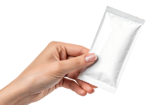 Female hand holding a small white sachet, with crimped edges, cutout, PNG isolated on transparent background