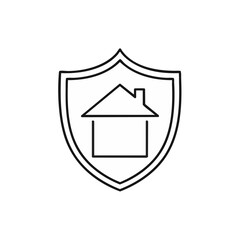 Obraz premium A minimalist line icon depicts a house within a protective shield, symbolizing concepts of home security, property insurance, and digital safety.