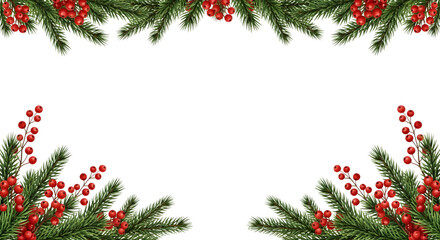 Festive christmas fir branches and red berries forming a decorative border, isolated on transparent background