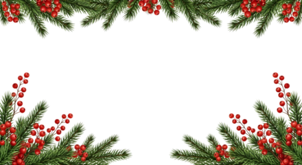 Festive christmas fir branches and red berries forming a decorative border, isolated on transparent background