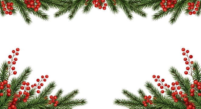 Festive christmas fir branches and red berries forming a decorative border, isolated on transparent background