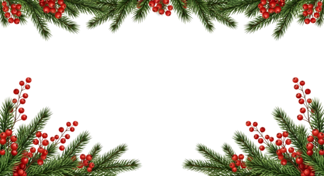 Festive christmas fir branches and red berries forming a decorative border, isolated on transparent background