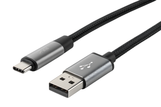 USB C to USB A braided cable, with silver connectors and black fabric wire, cutout, PNG isolated on transparent background