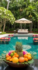Fresh fruit display near serene pool surrounded by lush greenery on a sunny day