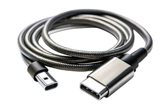 Braided USB C cable, with silver metal connectors, cutout, PNG isolated on transparent background