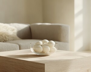 Cream Colored Eggs In Glass Bowl On Light Wooden Table