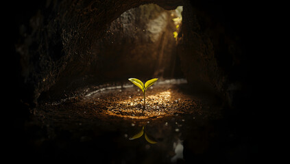 A small sprout grows in a dark cave, illuminated by a single ray of light, reflected in water.