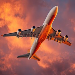 Large Airplane Flying Through Dramatic Sunset Clouds