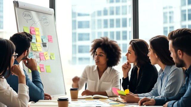 Business team brainstorming ideas on a whiteboard in modern office building conference with