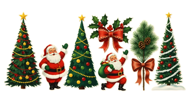 Collection of christmas trees and santa claus figures isolated on transparent background