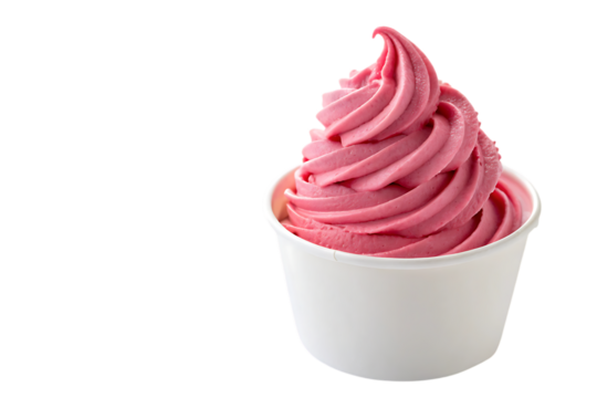 Pink soft serve ice cream, in a swirl inside a white paper cup, cutout, PNG isolated on transparent background