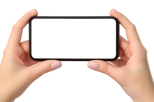 Hands, Holding Smartphone Horizontally With Blank White Screen, cutout, PNG isolated on white or transparent background