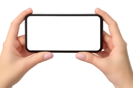 Hands, Holding Smartphone Horizontally With Blank White Screen, cutout, PNG isolated on white or transparent background
