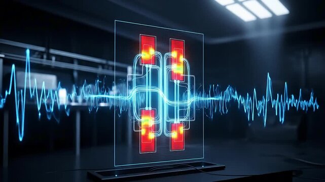 Abstract visualization of a sophisticated electronic circuit board displaying glowing energy pulses and a sound wave analysis graph in a dark, high-tech laboratory setting