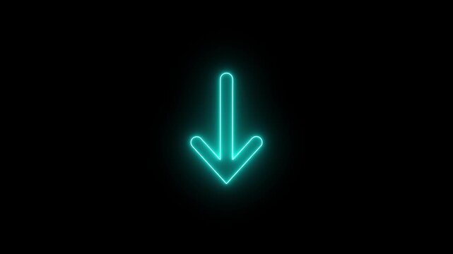 arrow pointing down on black background. Abstract glowing down arrow icon animation