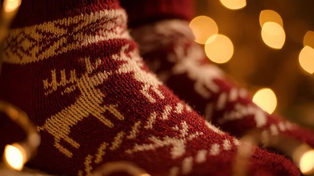 cozy feet wearing festive christmas socks warm lights