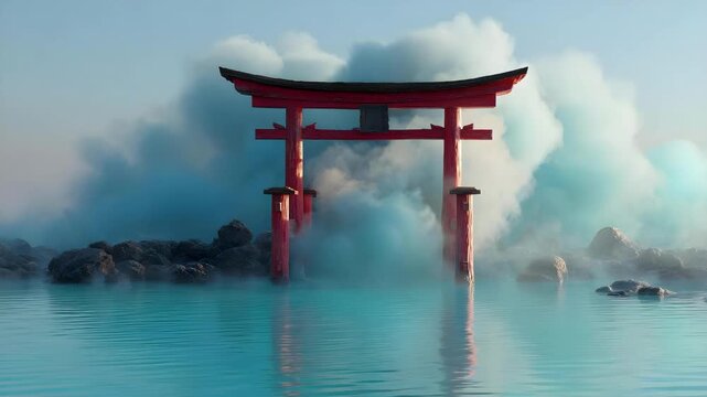 A bright red torii gate standing in turquoise hot-spring water with steam and rocks around.
