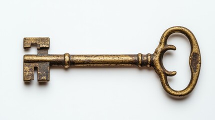 Antique skeleton key with intricate design lying on a plain background