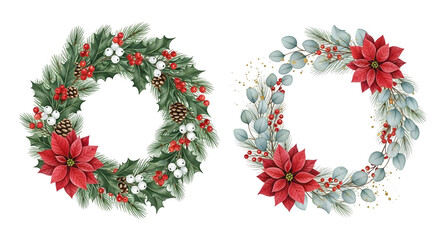 Two beautiful christmas wreaths with poinsettias, pine cones, berries, and eucalyptus leaves, isolated on transparent background