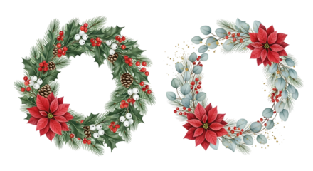 Two beautiful christmas wreaths with poinsettias, pine cones, berries, and eucalyptus leaves, isolated on transparent background
