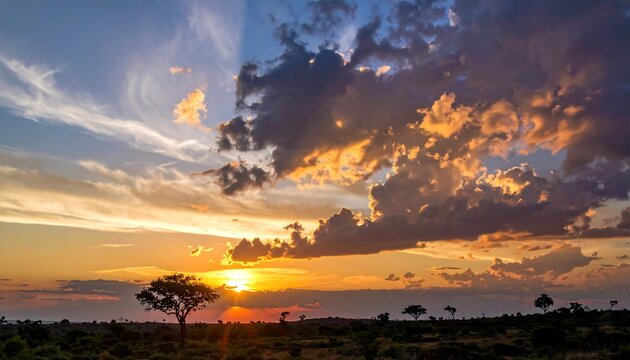 African savanna landscape with vibrant orange sunset and sparse trees under a cloudy, textured sky - Powered by Adobe