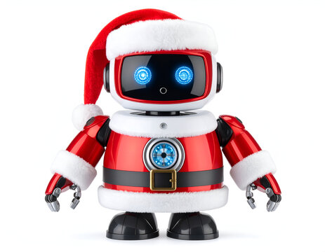 A charming and modern robotic character dressed in a festive red Santa Claus suit with a hat, embodying a futuristic twist on traditional holiday cheer, isolated on a clean white background