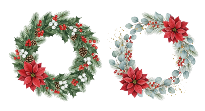 Two beautiful christmas wreaths with poinsettias, pine cones, berries, and eucalyptus leaves, isolated on transparent background