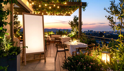 Elegant outdoor dining terrace adorned with string lights and lush greenery, offering a picturesque evening ambiance for guests