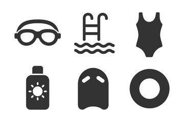 Swimming equipment icons: goggles, pool ladder, swimsuit, sunscreen, kickboard, inflatable ring.