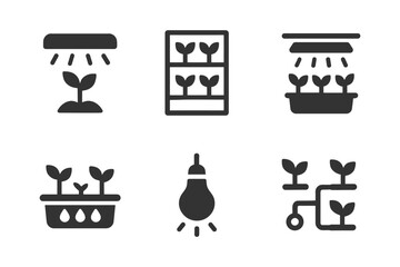 Icon set of hydroponic plant growth and indoor gardening symbols.