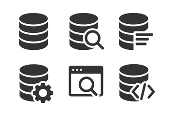 Database icons set: search, gear, coding, and configuration symbols.