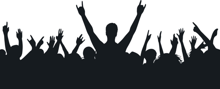 Silhouette of concert crowd with raised hands and gestures, energetic celebration scene, unity, excitement, music event vector illustration in black
