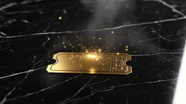 A golden ticket with sparkling effects, representing a reward or entry, lies on a dark marble surface, conveying luxury and exclusivity
