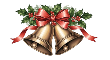 Golden christmas bells with red ribbon and holly isolated on transparent background