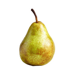 A single, ripe pear with greenish-yellow skin, brown speckles, and a slender stem, isolated on a black background