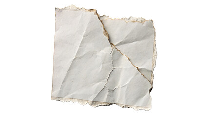 A wrinkled, crumpled sheet of white paper features uneven torn edges isolated on transparent background