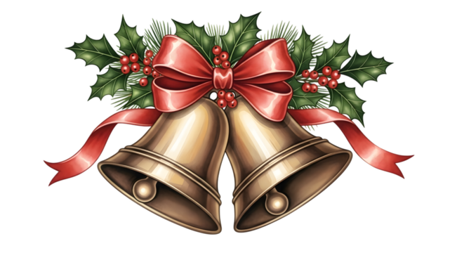 Golden christmas bells with red ribbon and holly isolated on transparent background