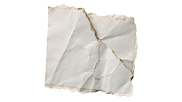 A wrinkled, crumpled sheet of white paper features uneven torn edges isolated on transparent background