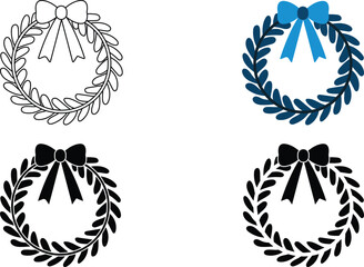 Laurel wreath symbols in different styles including outline solid black and blue color variations