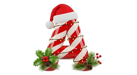 Christmas letter a made of candy cane, decorated with lights, holly, and pine cones, isolated on transparent background