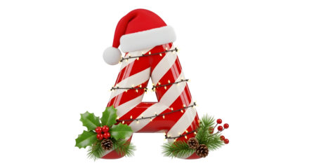 Christmas letter a made of candy cane, decorated with lights, holly, and pine cones, isolated on transparent background