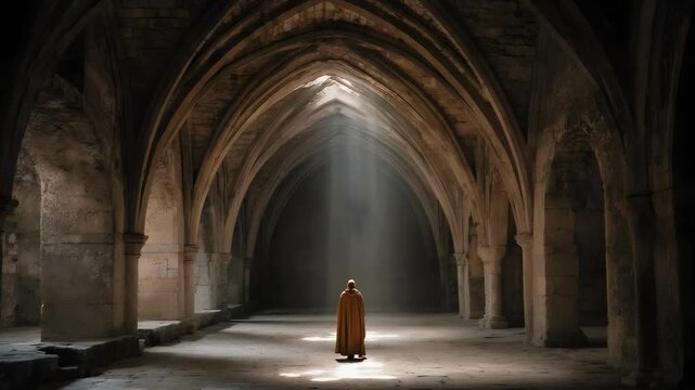A solitary robed figure stands in a dim vaulted stone hall, bathed in a single shaft of light.