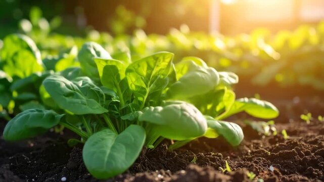 Close-up of lush, vibrant green spinach plants growing in a garden bed with sunlight