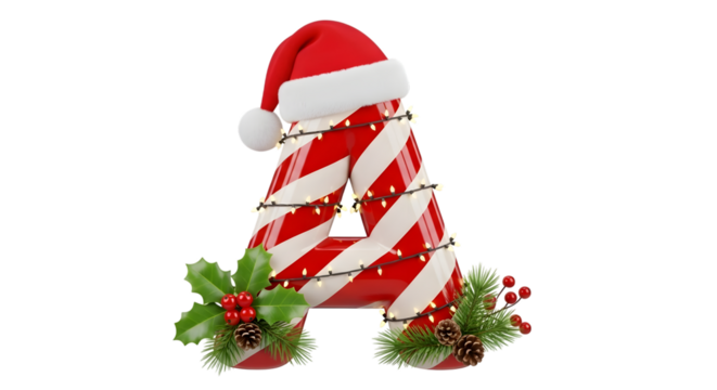 Christmas letter a made of candy cane, decorated with lights, holly, and pine cones, isolated on transparent background