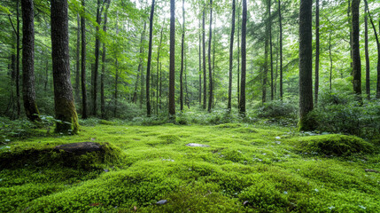 Obraz premium Lush green forest with vibrant moss covering ground, creating tranquil atmosphere